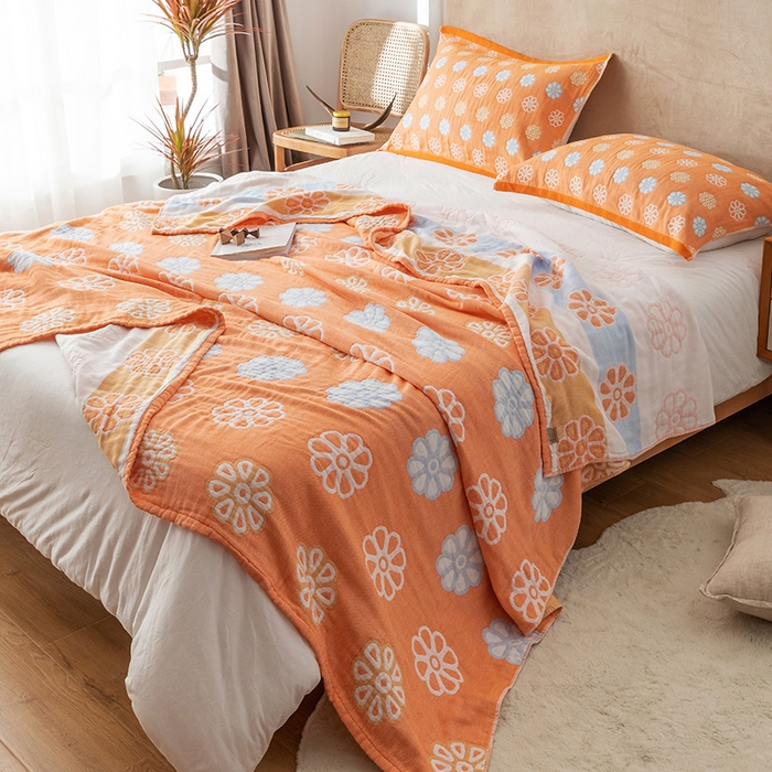 91家纺网 家纺一手货源 找家纺 朴尔家纺-毛巾被 2024新款四层韩版碎花风全棉纱布毛巾被 曼陀罗-橘