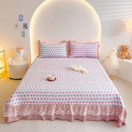 2024直播爆款泡泡棉床盖款四件套双层蕾丝花边夹棉床裙款三件套 甜心粉