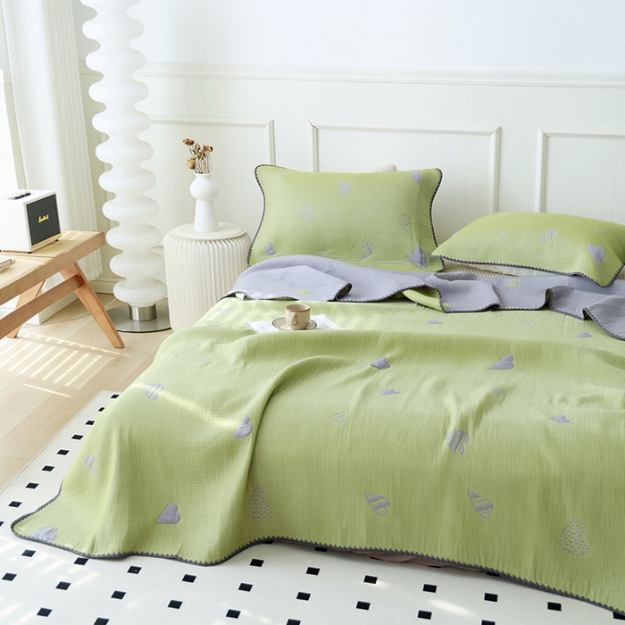 91家纺网 家纺一手货源 找家纺 朴尔家纺-毛巾被 2024新款柔绵绵风贝壳针复合工艺六层纱布毛巾被盖毯 心叶-绿