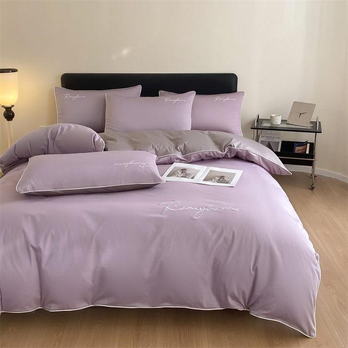 91家纺网 家纺一手货源 找家纺 慕色家纺 2024新款全棉刺绣四件套轻奢系列 轻奢-罗兰紫+古铜灰