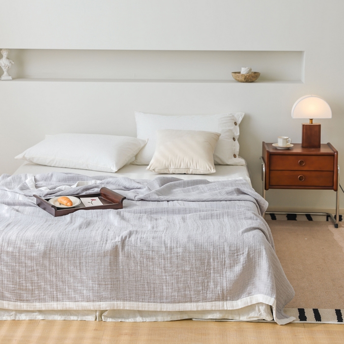 91家纺网 家纺一手货源 找家纺 朴尔家纺-毛巾 2024新款全棉80支四层纱布毛巾被 宽边-灰