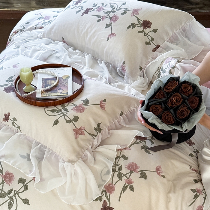 91家纺网 家纺一手货源 找家纺 窝米 2024新款纯棉法式复古雪纺大花边四件套 镜生花边款