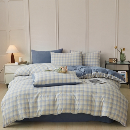 91家纺网 家纺一手货源 找家纺 盛秋家纺 2025新款水洗棉格子系列四件套 博克+蓝灰