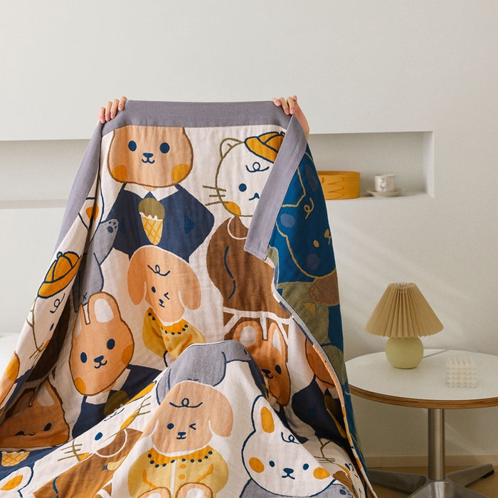 91家纺网 家纺一手货源 找家纺 朴尔家纺-毛巾被 2024新款调皮风宽边加厚透气全棉四层纱布毛巾被 兔兔王国