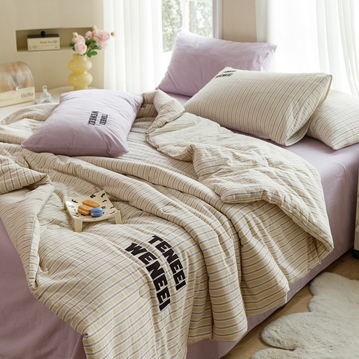 91家纺网 家纺一手货源 找家纺 荔禾家居 2024新款ins混搭博主风全棉色织水洗棉夏被四件组 橘络