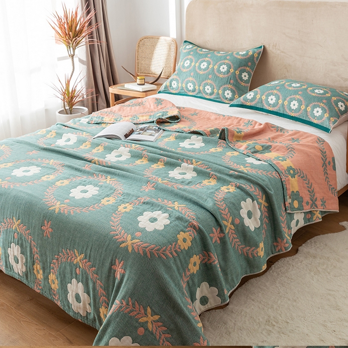 91家纺网 家纺一手货源 找家纺 朴尔家纺-毛巾被 2024新款四层韩版碎花风全棉纱布毛巾被 花环-绿