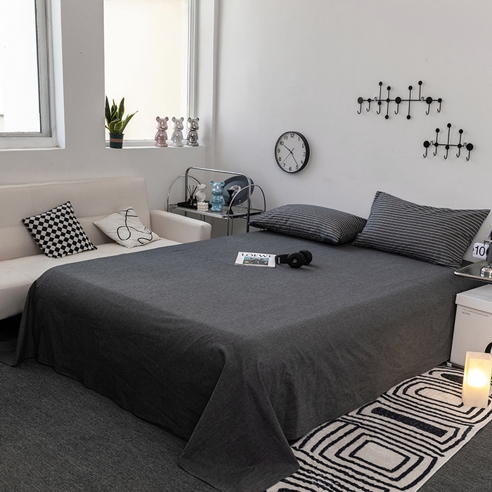 91家纺网 家纺一手货源 找家纺 羋多（原穆琪） 2024新款A类全棉色织水洗棉纯色四件套 灰细条