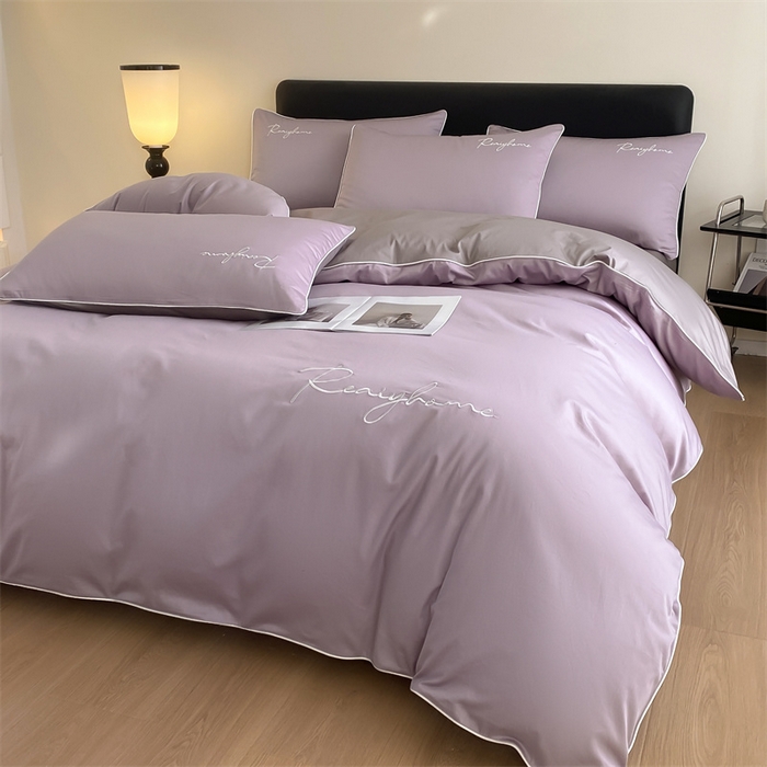 91家纺网 家纺一手货源 找家纺 慕色家纺 2024新款全棉刺绣四件套轻奢系列 轻奢-罗兰紫+古铜灰