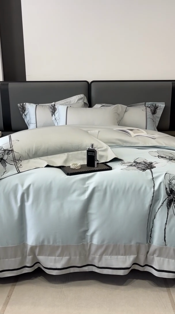 91家纺网 家纺一手货源 找家纺 梵克保罗 2024新款100支长绒棉四件套 宁静蓝