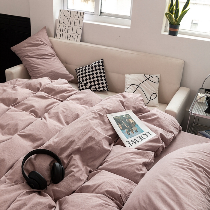 91家纺网 家纺一手货源 找家纺 羋多（原穆琪） 2024新款A类全棉色织水洗棉纯色四件套 豆沙