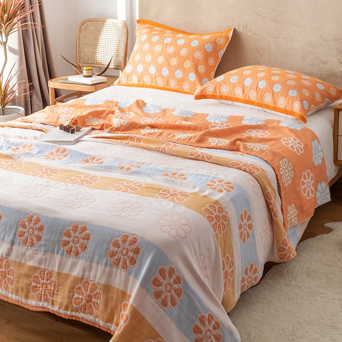 91家纺网 家纺一手货源 找家纺 朴尔家纺-毛巾被 2024新款四层韩版碎花风全棉纱布毛巾被 曼陀罗-橘