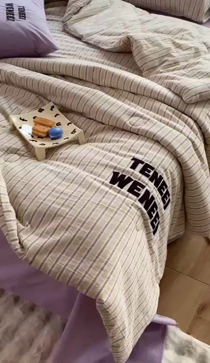 91家纺网 家纺一手货源 找家纺 荔禾家居 2024新款ins混搭博主风全棉色织水洗棉夏被四件组 橘络