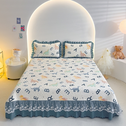 2024直播爆款泡泡棉床盖款四件套双层蕾丝花边夹棉床裙款三件套-恐龙乐园