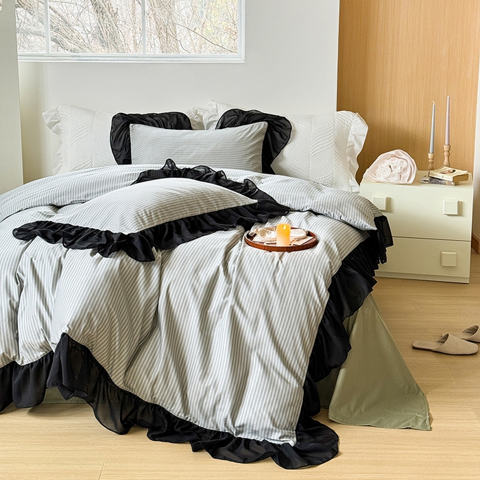 91家纺网 家纺一手货源 找家纺 窝米 2024新款纯棉甜美暗黑风雪纺大花边工艺款四件套 莫妮绿花边款