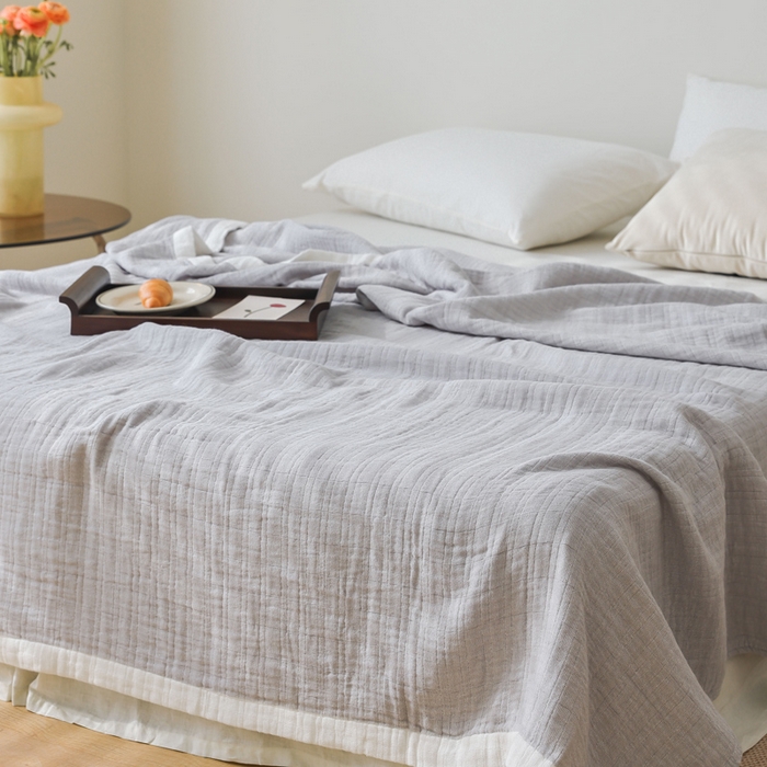 91家纺网 家纺一手货源 找家纺 朴尔家纺-毛巾 2024新款全棉80支四层纱布毛巾被 宽边-灰