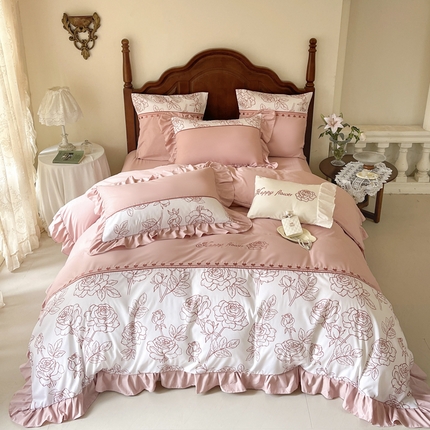 91家纺网 家纺一手货源 找家纺 （总）豪美鑫 2025新款亲肤棉刺绣花边四件套-玫瑰恋人