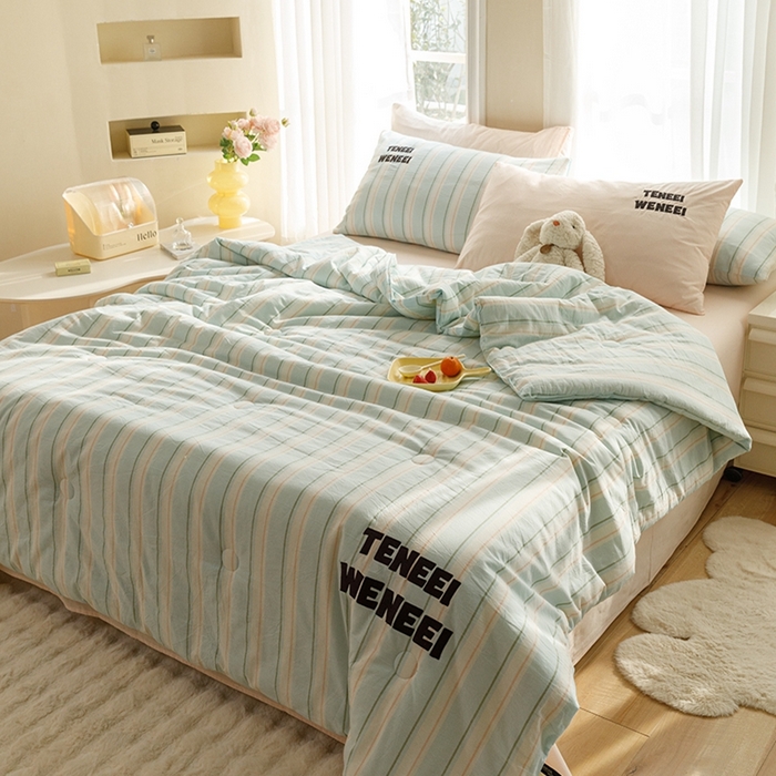 91家纺网 家纺一手货源 找家纺 荔禾家居 2024新款ins混搭博主风全棉色织水洗棉夏被四件组 烟画