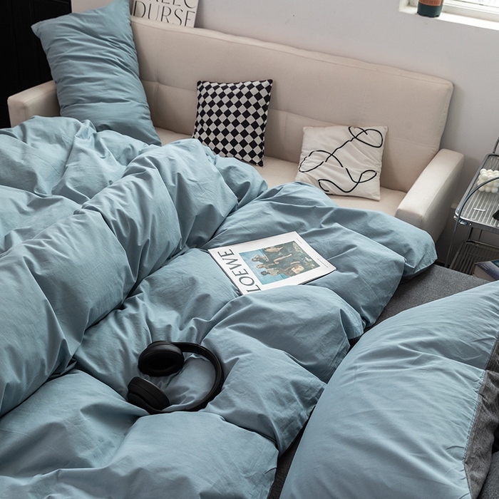 91家纺网 家纺一手货源 找家纺 羋多（原穆琪） 2024新款A类全棉色织水洗棉纯色四件套 雾蓝拼深灰（双拼）