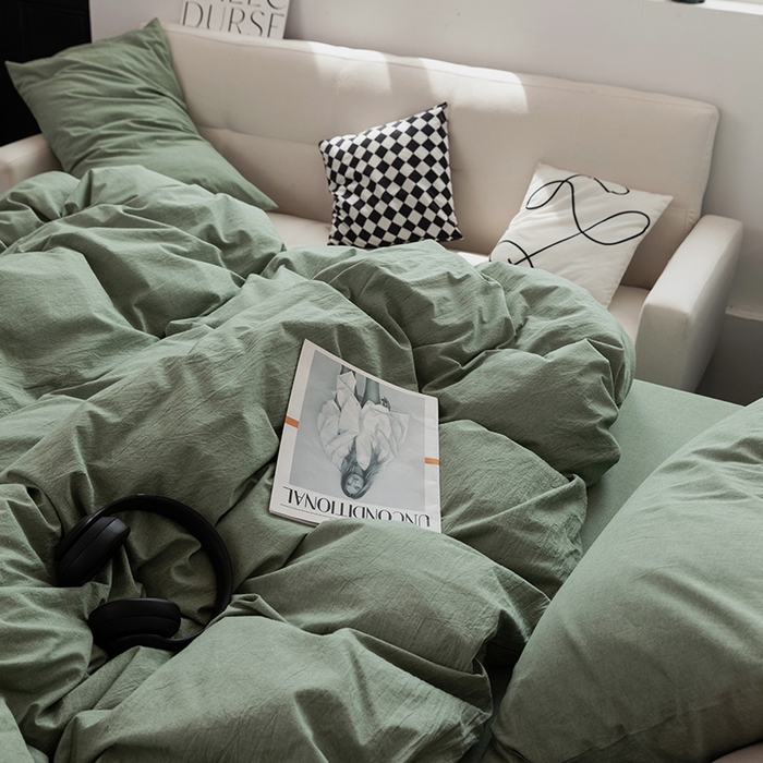 91家纺网 家纺一手货源 找家纺 羋多（原穆琪） 2024新款A类全棉色织水洗棉纯色四件套 草绿