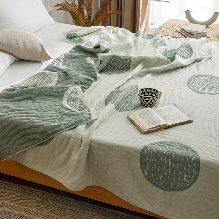 91家纺网 家纺一手货源 找家纺 朴尔家纺-毛巾被 2024新款水洗全棉四层细纱系列毛巾被 年轮-绿毛巾被