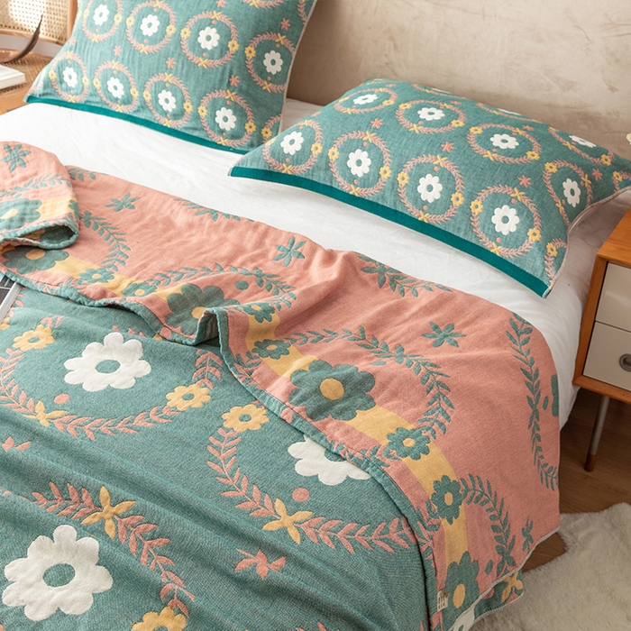 91家纺网 家纺一手货源 找家纺 朴尔家纺-毛巾被 2024新款四层韩版碎花风全棉纱布毛巾被 花环-绿