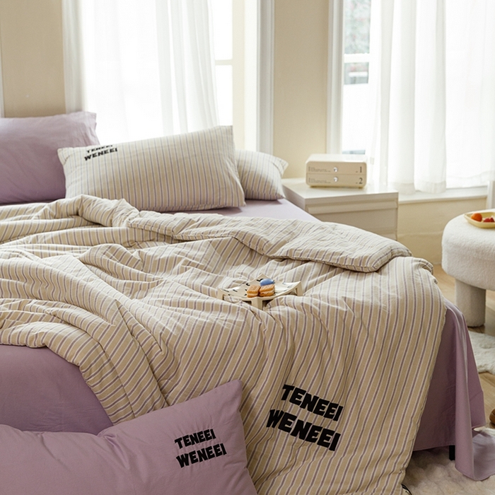 91家纺网 家纺一手货源 找家纺 荔禾家居 2024新款ins混搭博主风全棉色织水洗棉夏被四件组 橘络