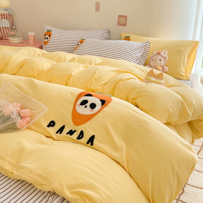 91家纺网 家纺一手货源 找家纺 葡萄家纺 2024款水果熊猫系列云朵水洗棉毛巾绣四件套第二批（提供买家秀） 香芋芝士-黄