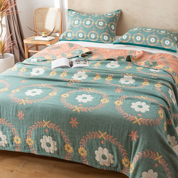 91家纺网 家纺一手货源 找家纺 朴尔家纺-毛巾被 2024新款四层韩版碎花风全棉纱布毛巾被 花环-绿