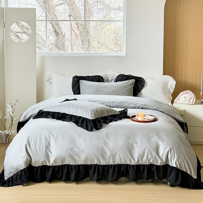 91家纺网 家纺一手货源 找家纺 窝米 2024新款纯棉甜美暗黑风雪纺大花边工艺款四件套 莫妮绿花边款