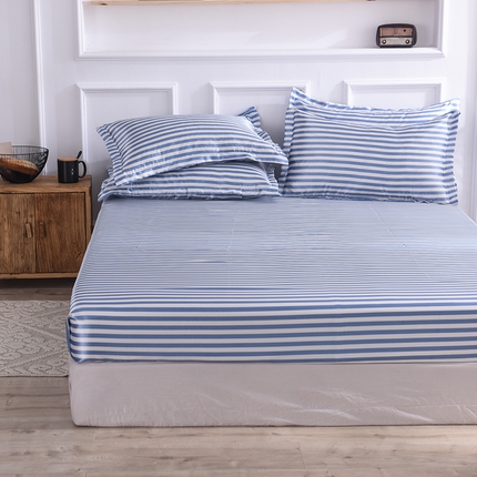 91家纺网 家纺一手货源 找家纺 经年 2025新款条纹丝绸单床笠 蓝中条