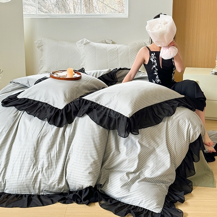 窝米 2024新款纯棉甜美暗黑风雪纺大花边工艺款四件套 莫妮绿花边款