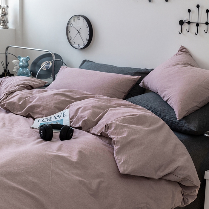 91家纺网 家纺一手货源 找家纺 羋多（原穆琪） 2024新款A类全棉色织水洗棉纯色四件套 豆沙混搭深灰