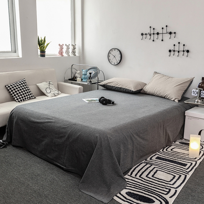 91家纺网 家纺一手货源 找家纺 羋多（原穆琪） 2024新款A类全棉色织水洗棉纯色四件套 浅米拼深灰（双拼）