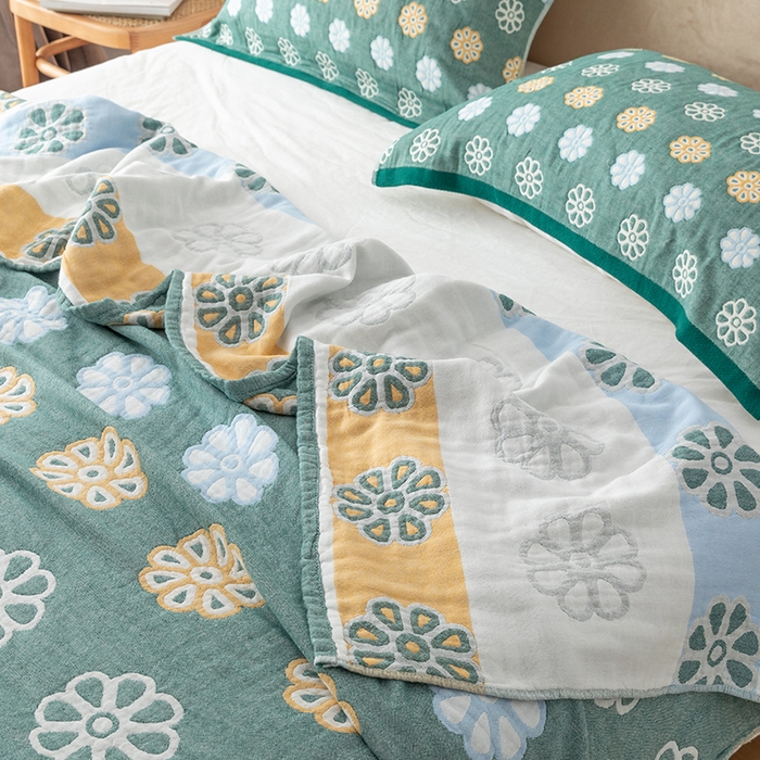 91家纺网 家纺一手货源 找家纺 朴尔家纺-毛巾被 2024新款四层韩版碎花风全棉纱布毛巾被 曼陀罗-绿