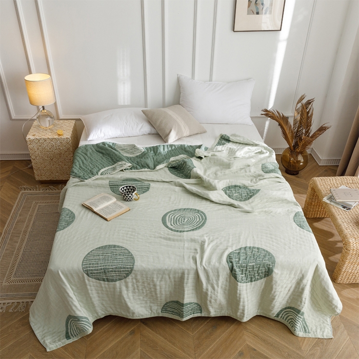 91家纺网 家纺一手货源 找家纺 朴尔家纺-毛巾被 2024新款水洗全棉四层细纱系列毛巾被 年轮-绿毛巾被