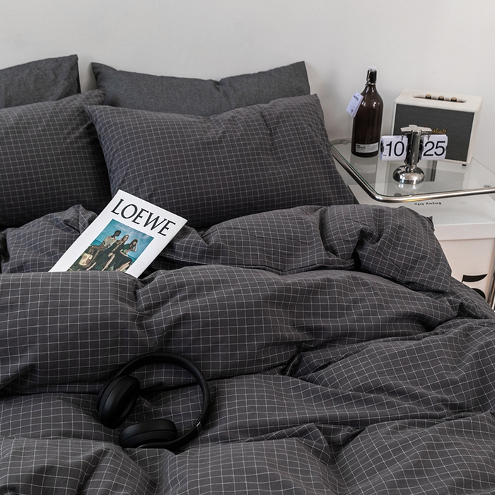 91家纺网 家纺一手货源 找家纺 羋多（原穆琪） 2024新款A类全棉色织水洗棉纯色四件套 灰小格