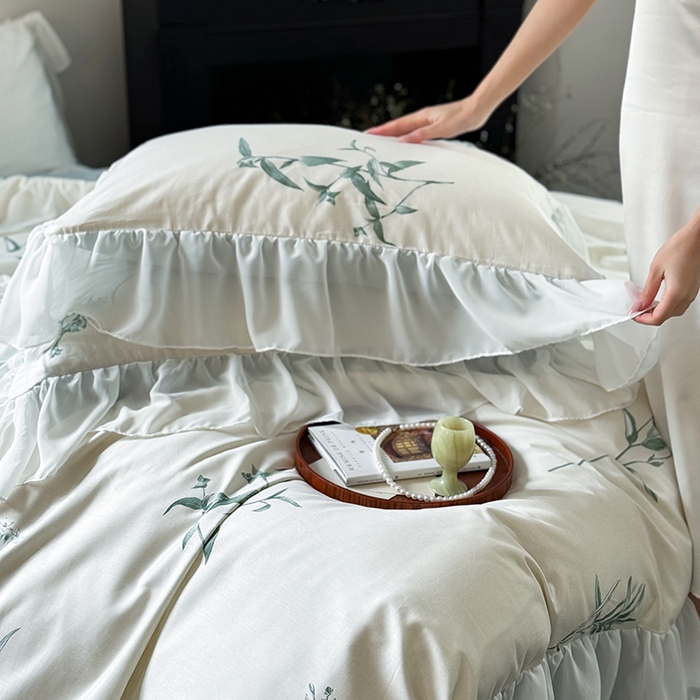 91家纺网 家纺一手货源 找家纺 窝米 2024新款纯棉法式复古雪纺大花边四件套 觅香花边款