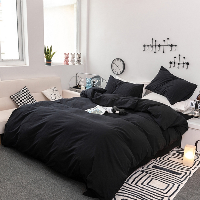 91家纺网 家纺一手货源 找家纺 羋多（原穆琪） 2024新款A类全棉色织水洗棉纯色四件套 纯黑