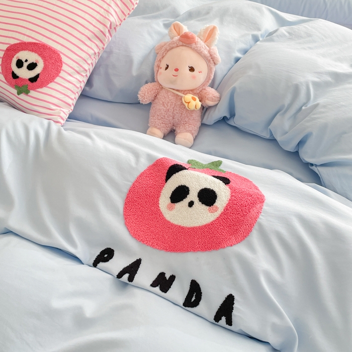 91家纺网 家纺一手货源 找家纺 葡萄家纺 2024款水果熊猫系列云朵水洗棉毛巾绣四件套第二批（提供买家秀） 草莓圣代-蓝