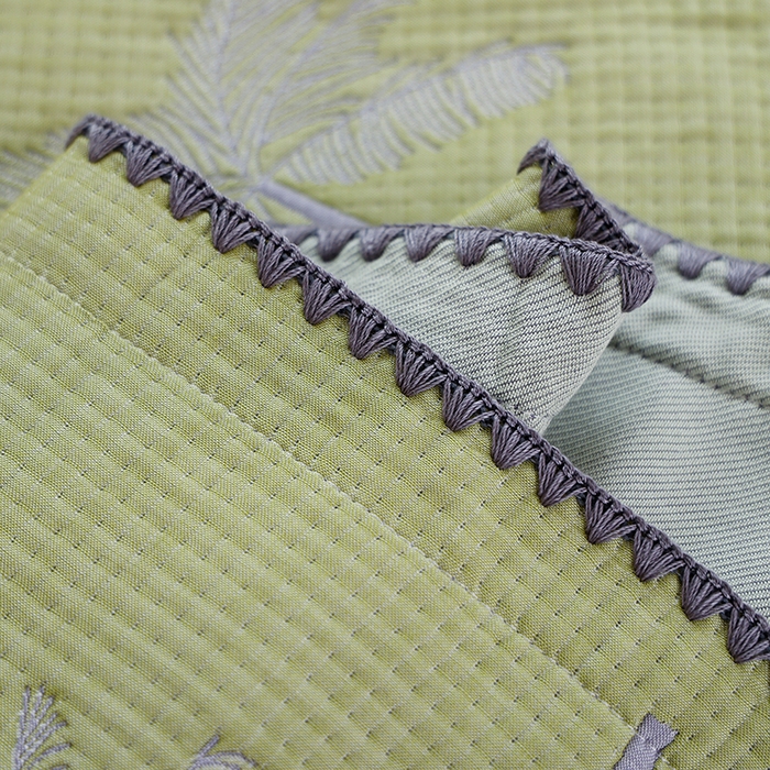 91家纺网 家纺一手货源 找家纺 朴尔家纺-毛巾被 2024新款柔绵绵风贝壳针复合工艺六层纱布枕巾 海岛椰林-绿枕巾