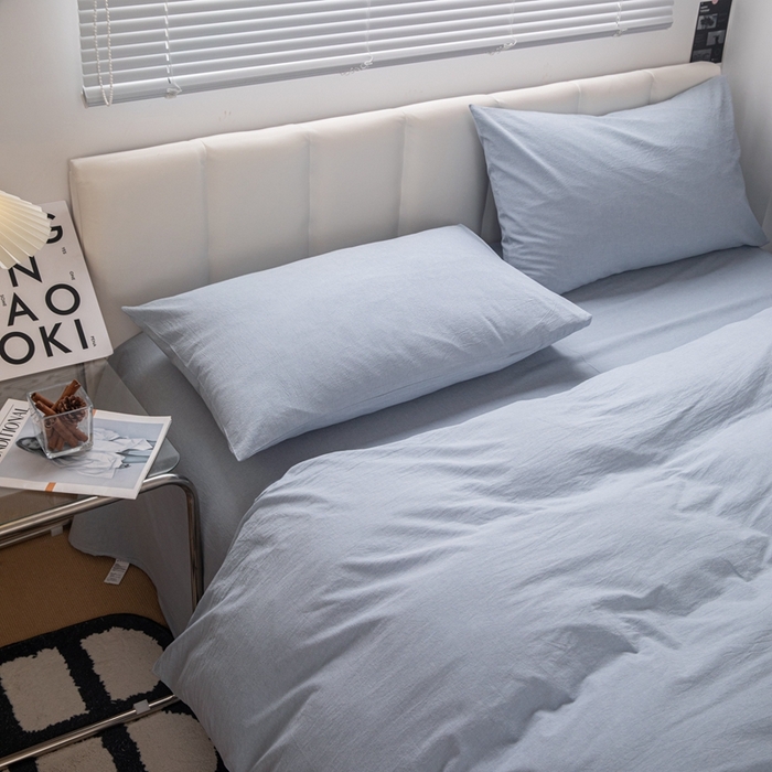 91家纺网 家纺一手货源 找家纺 羋多（原穆琪） 2024新款A类全棉色织水洗棉纯色四件套 浅蓝