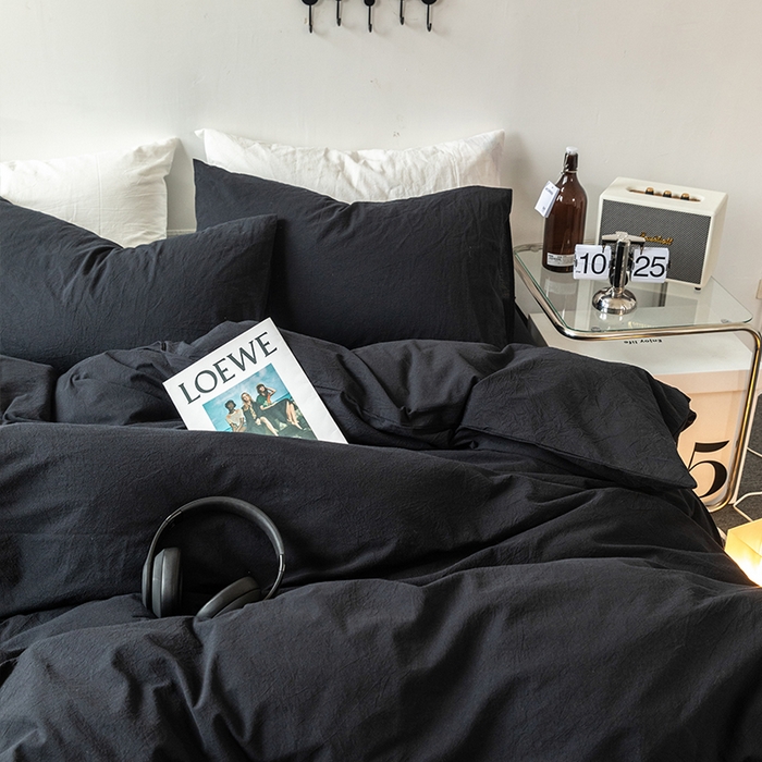 91家纺网 家纺一手货源 找家纺 羋多（原穆琪） 2024新款A类全棉色织水洗棉纯色四件套 纯黑