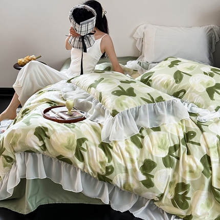 窝米 2024新款纯棉法式复古雪纺大花边四件套 梨涡绿花边款