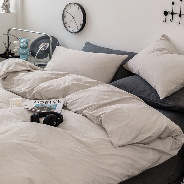 91家纺网 家纺一手货源 找家纺 羋多（原穆琪） 2024新款A类全棉色织水洗棉纯色四件套 浅米混搭深灰