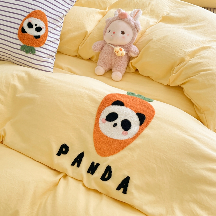 91家纺网 家纺一手货源 找家纺 葡萄家纺 2024款水果熊猫系列云朵水洗棉毛巾绣四件套第二批（提供买家秀） 香芋芝士-黄