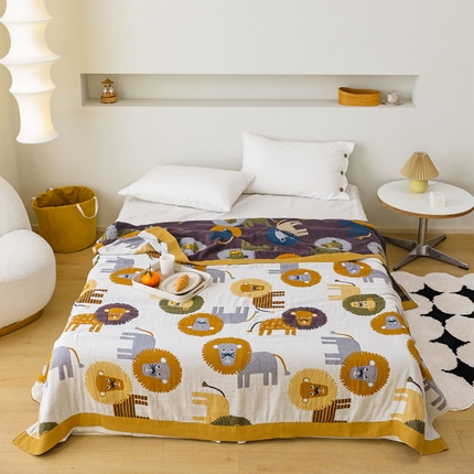 91家纺网 家纺一手货源 找家纺 朴尔家纺-毛巾被 2024新款调皮风宽边加厚透气全棉四层纱布毛巾被 狮子家族