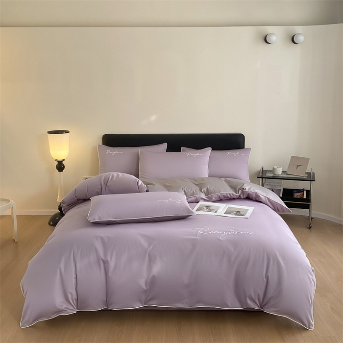 91家纺网 家纺一手货源 找家纺 慕色家纺 2024新款全棉刺绣四件套轻奢系列 轻奢-罗兰紫+古铜灰