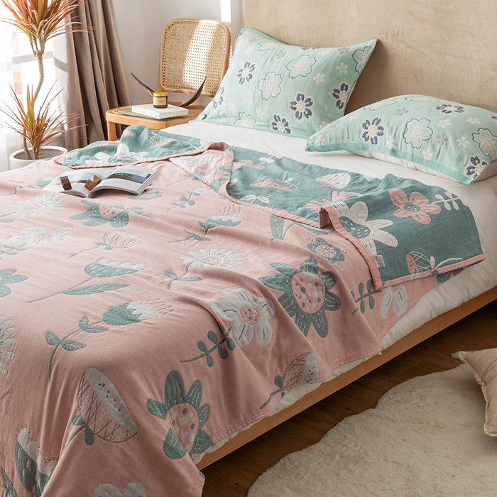 91家纺网 家纺一手货源 找家纺 朴尔家纺-毛巾被 2024新款四层韩版碎花风全棉纱布毛巾被 清新夏日-粉