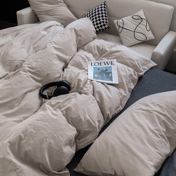 91家纺网 家纺一手货源 找家纺 羋多（原穆琪） 2024新款A类全棉色织水洗棉纯色四件套 浅米混搭深灰