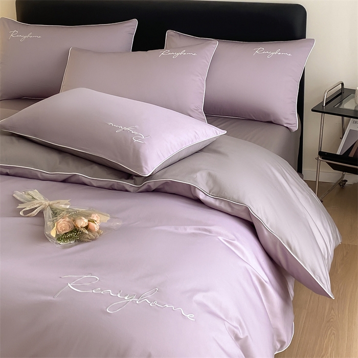 91家纺网 家纺一手货源 找家纺 慕色家纺 2024新款全棉刺绣四件套轻奢系列 轻奢-罗兰紫+古铜灰